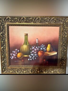 Signed Still Life Painting - Vintage Fruit and Bottle (Green, Gold, Brown)
